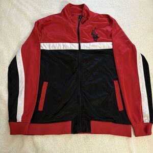 Franky Max Jacket Mens Size Large Red Full Zip Big Pony Red Black White Stripe
